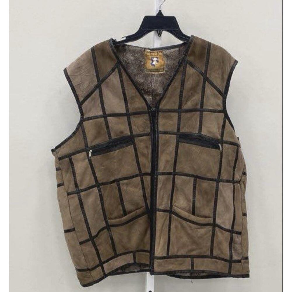 90s Y2K Celio Natural Real Lambs Skin VEST Soft Windowpane Embossed 2xl Xxl 52w